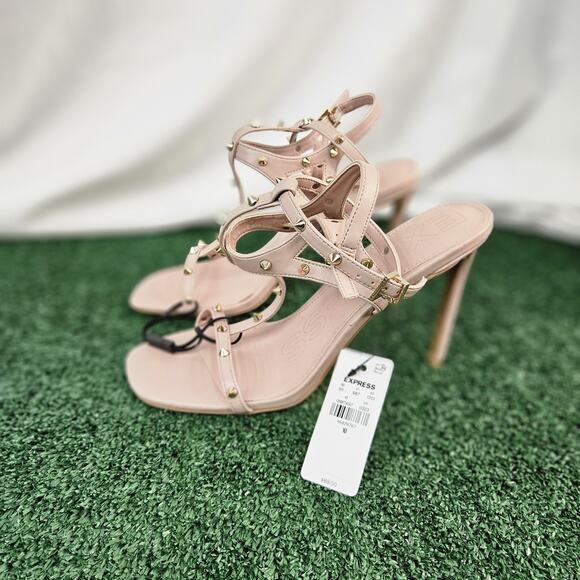Express Soft Blush Gold Stud Strappy Block Heels Size 10 Brand New - Picture 2 of 8